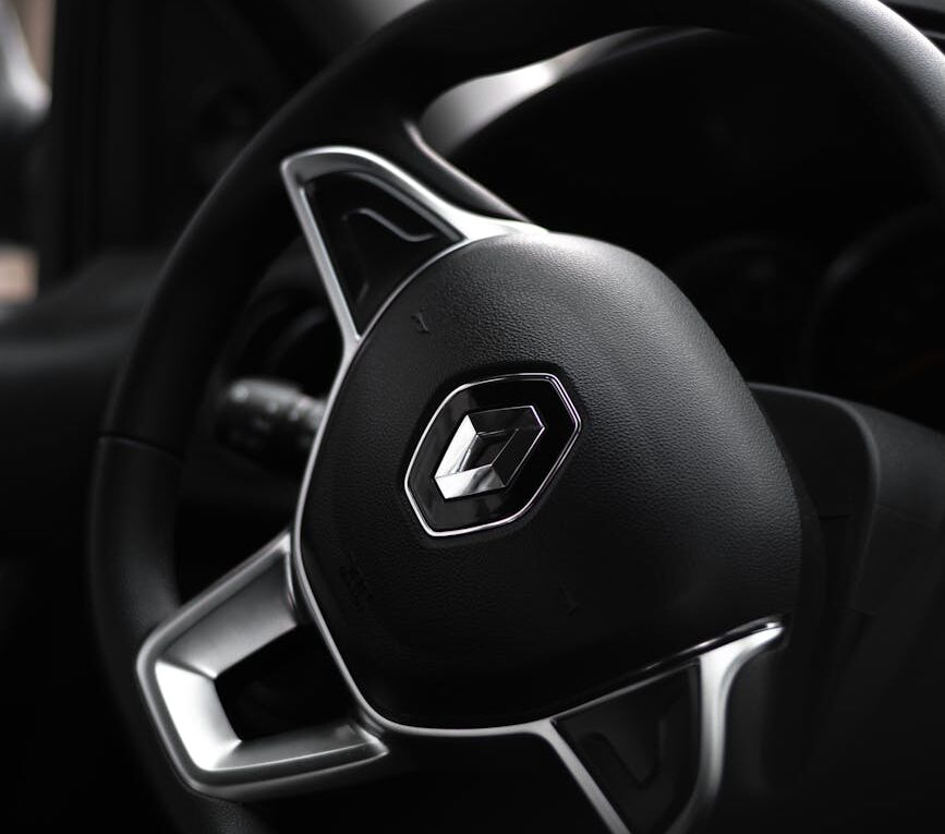 Gros plan détaillé d'un volant Renault Clio présentant le logo de la marque.