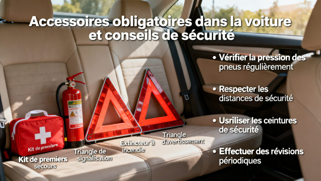 Accessoires obligatoires dans la voiture et conseils de sécurité with text