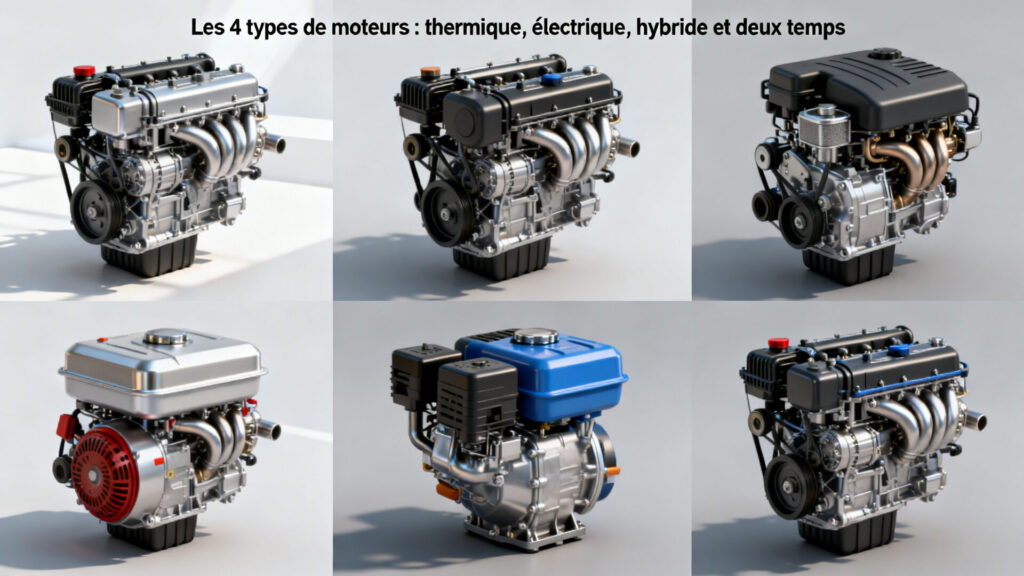 Les 4 types de moteurs : thermique, électrique, hybride et deux temps with text