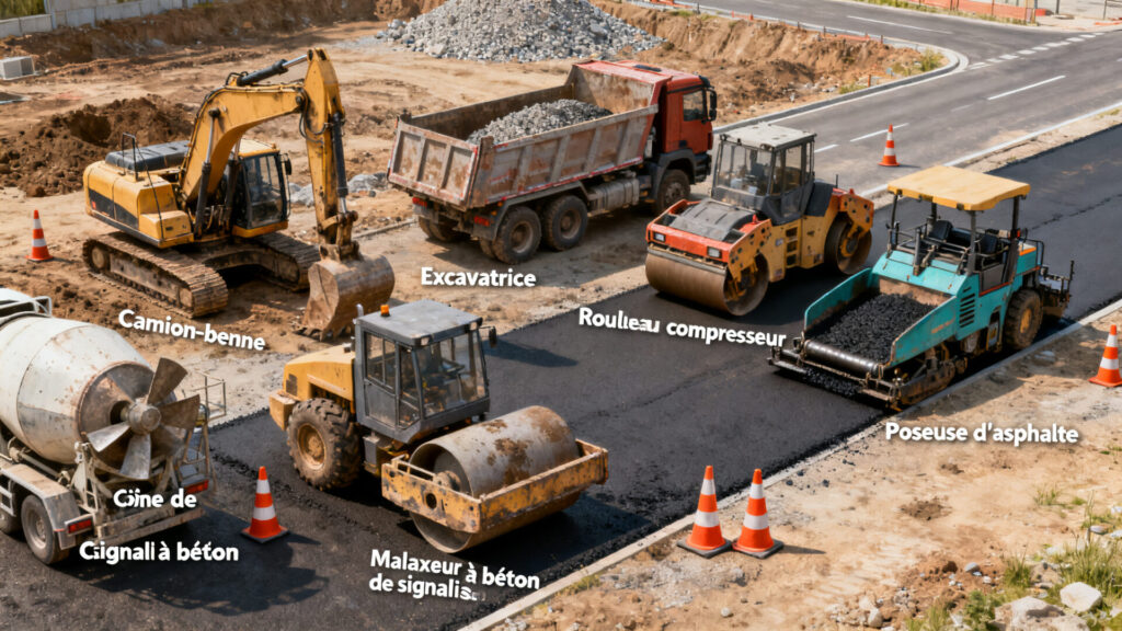 Les véhicules et équipements essentiels des chantiers routiers with text