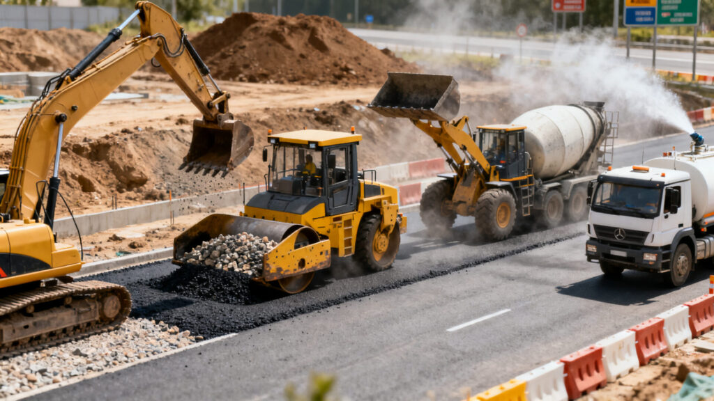 Les véhicules et équipements essentiels des chantiers routiers without any text