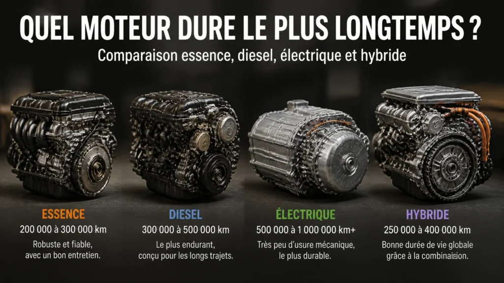 Quel moteur dure le plus longtemps ? comparaison essence, diesel, électrique et hybride with text